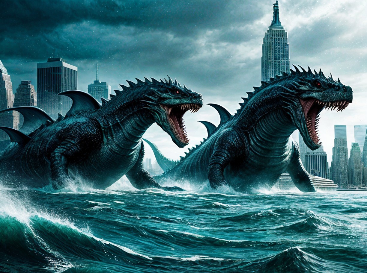 Serpentine Sea Monsters Emerge from Dark Ocean Waters