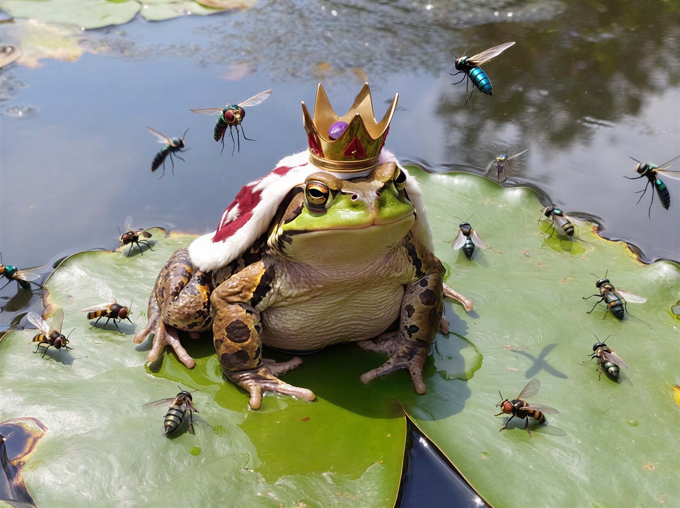 Frog in Crown on Lily Pad Surrounded by Colorful Insects