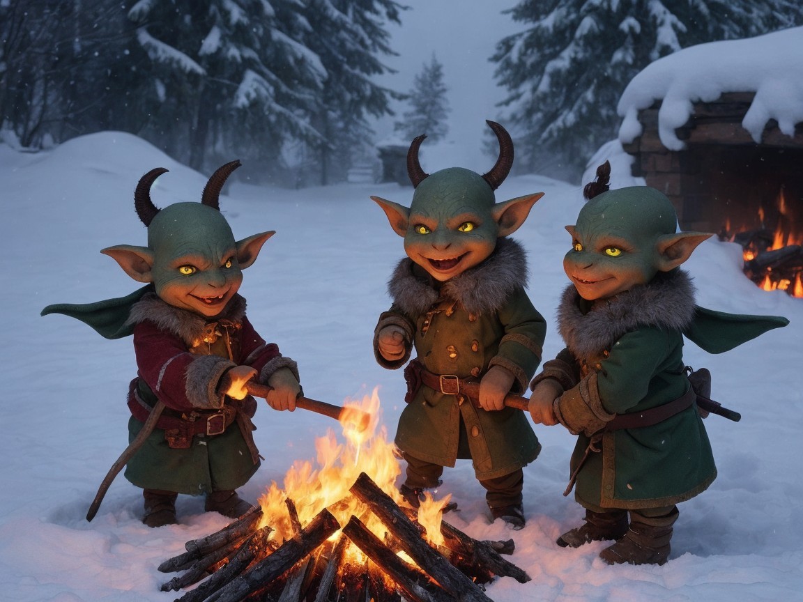 Imps by a Campfire in a Snowy Winter Landscape