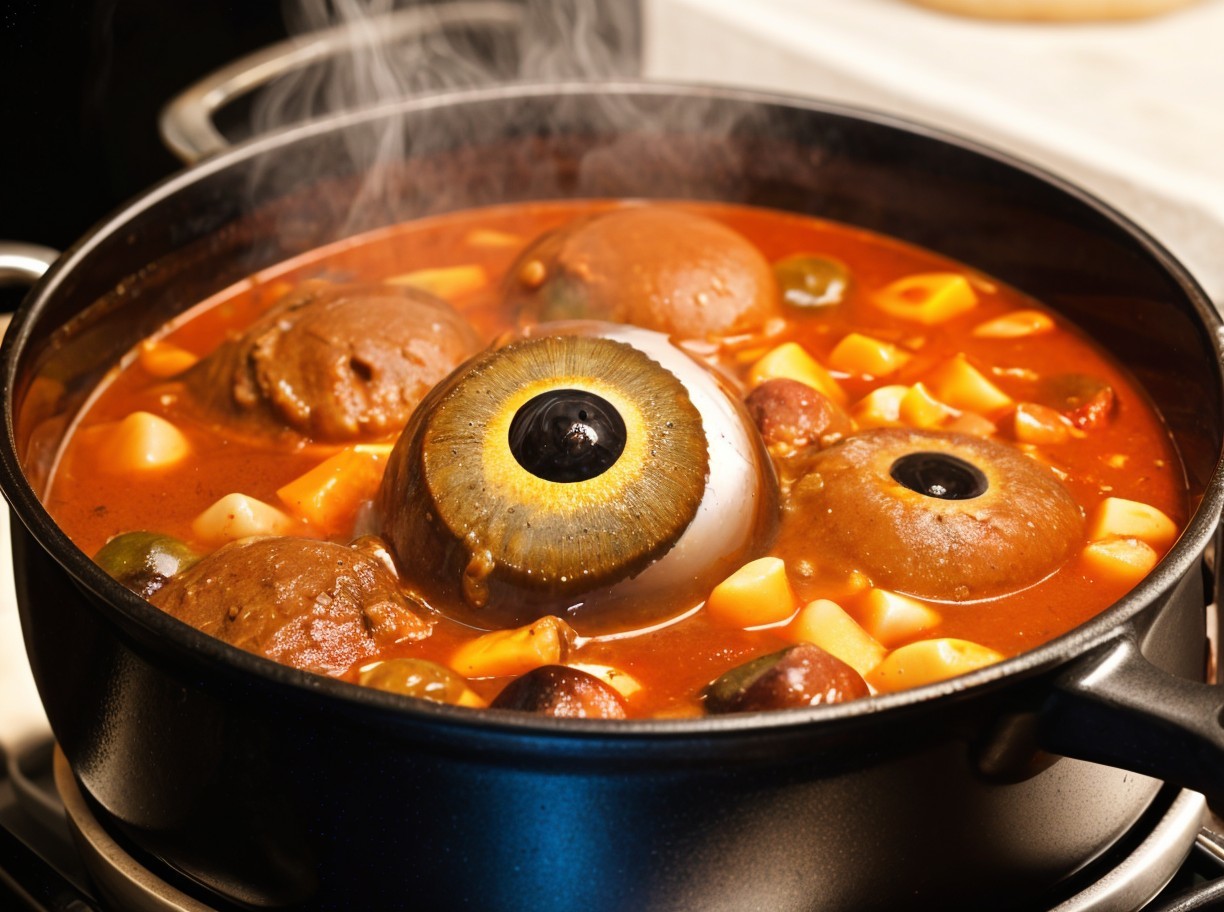 Halloween Stew with Eyeball Garnish in Black Pot