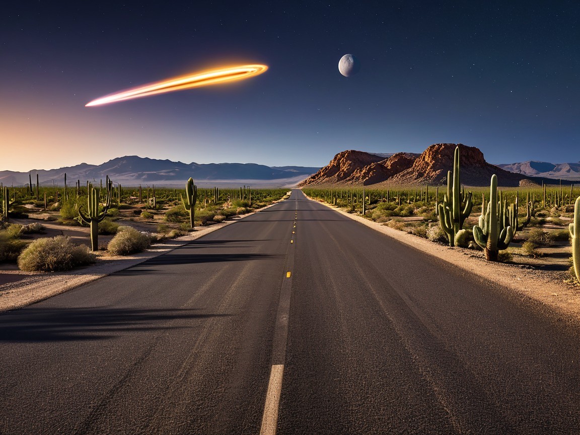 Desert Road with Cacti and Twilight Sky Features