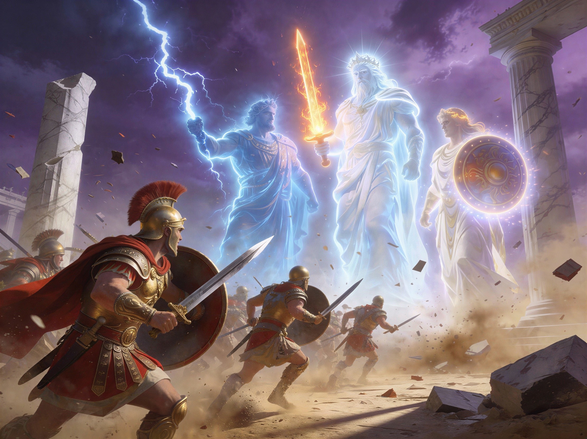 Battle of Greek Gods and Roman Soldiers in Fantasy Scene