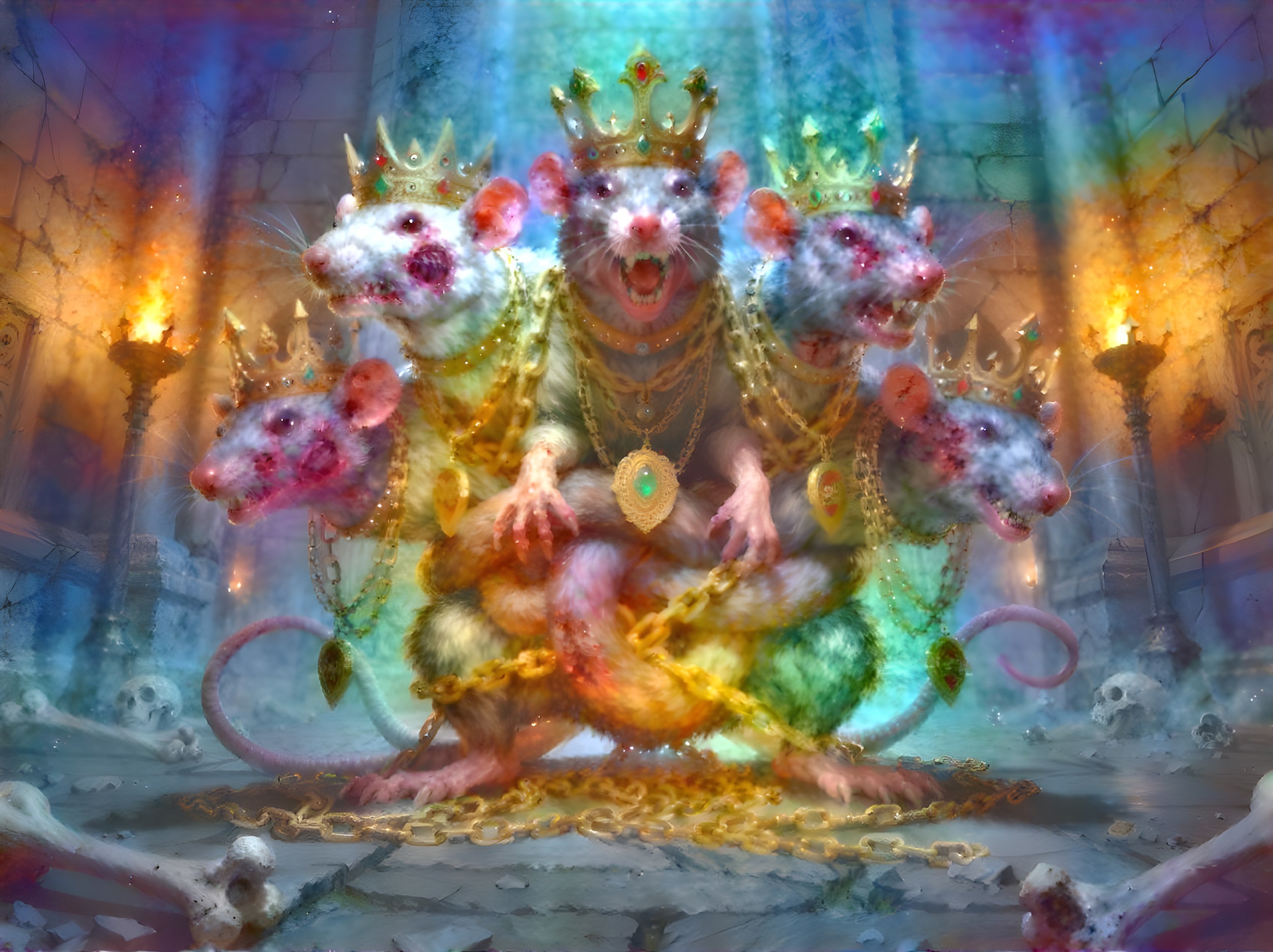 Fantasy Painting of a Five-Headed Rat King in Crypt