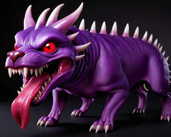 Cartoonish purple creature with sharp spikes and fangs