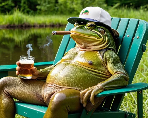 Frog Relaxing in Adirondack Chair by Serene Pond