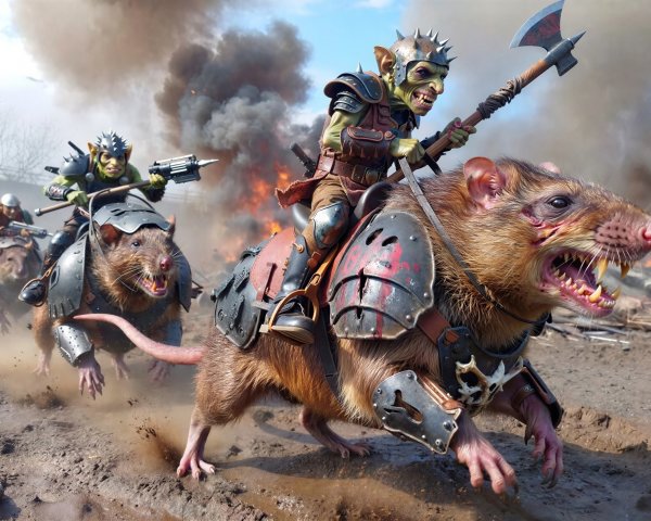 Goblin Riders on Armored Rats in Battlefield Chaos