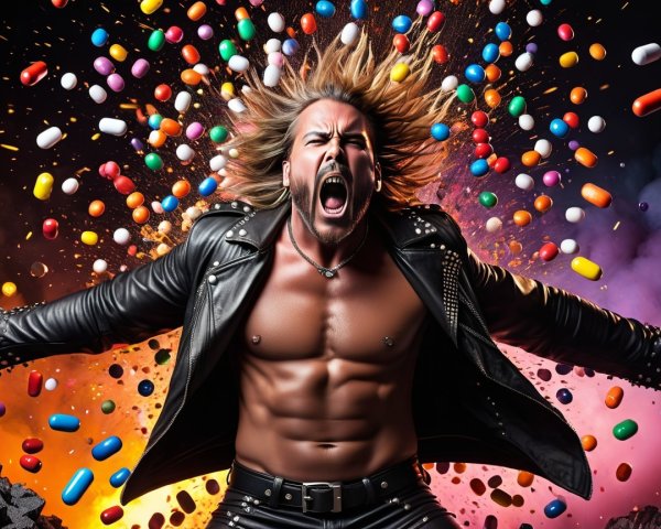 Muscular Performer with Colorful Explosion Background
