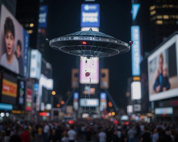 Nighttime Times Square Scene with UFO and Crowd Reaction