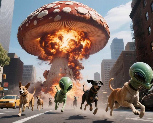 Dogs with alien heads running on urban street scene