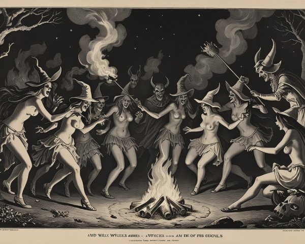 Witches Dancing Around Bonfire in Mystical Night Scene