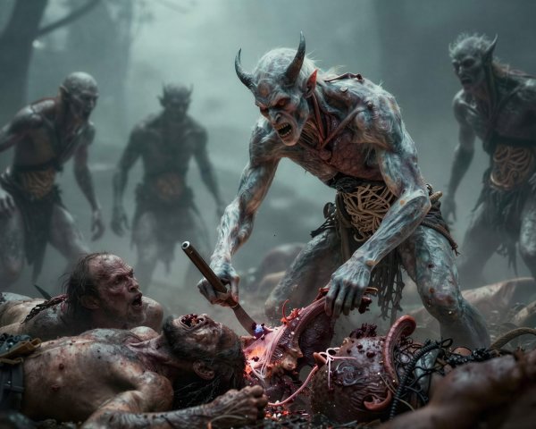 Demonic Figure Carving Bodies in Dark Scene