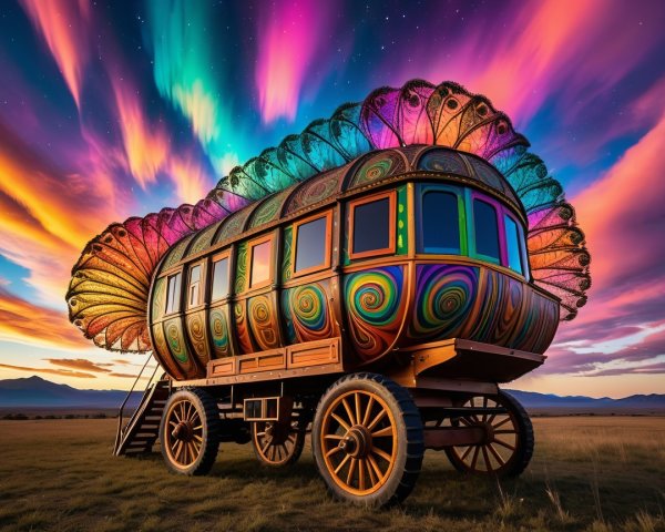 Vibrant Caravan in a Colorful Sunset Landscape