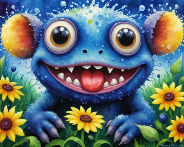 Cartoonish Blue Creature in Lush Green Grass