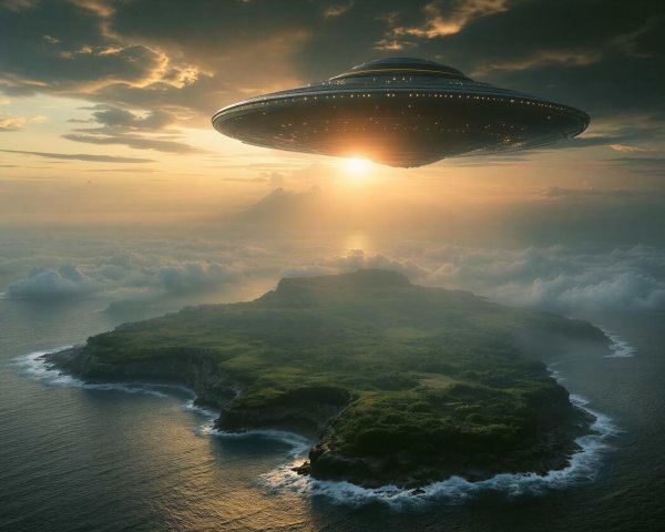 Aerial View of Rocky Coastline and UFO at Sunset