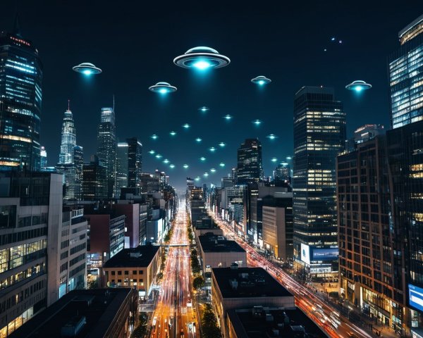 City Skyline at Night with UFOs and Bright Lights