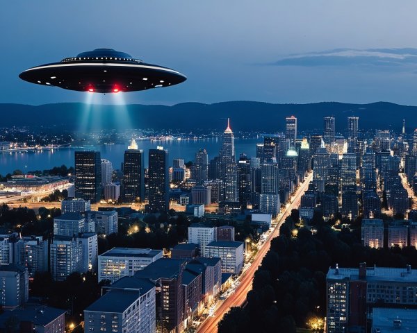 Futuristic cityscape at dusk with UFO and skyline