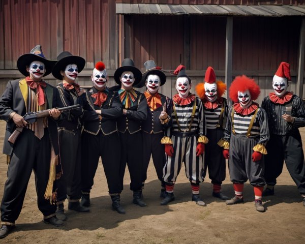 Group Portrait of Nine Creepy Clowns Outdoors