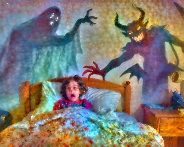 Girl on Bed with Spooky Ghosts Looming Over Her