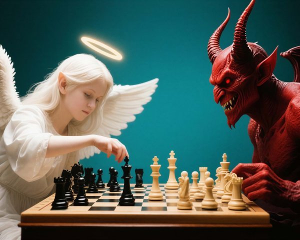 Angelic Figure and Devil at a Chessboard Encounter