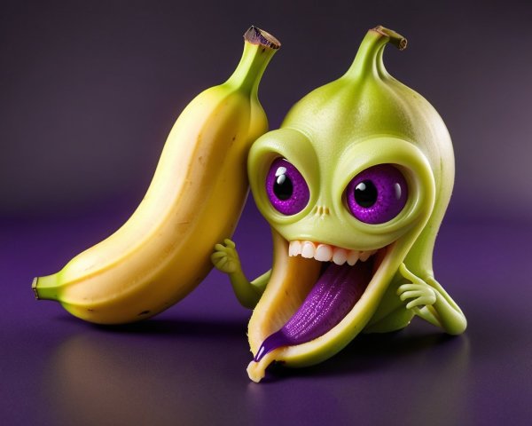 Whimsical Character Beside Ripe Banana on Purple Background