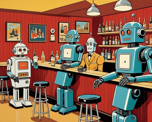 Retro Bar Scene with Four Unique Robots