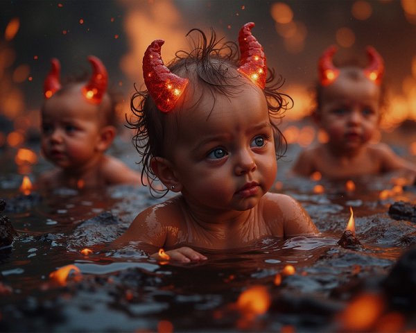 Babies with Devil Horns Splashing in Lava Environment