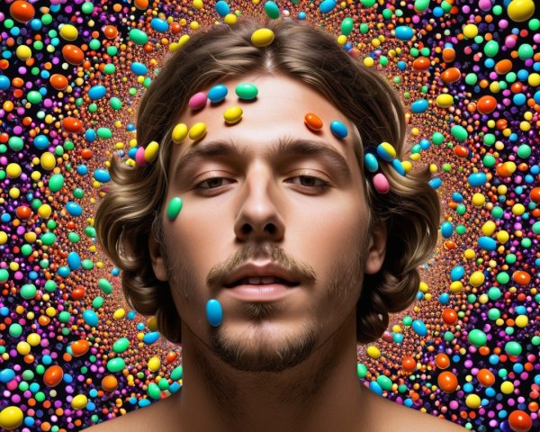Young man with wavy hair in colorful psychedelic setting