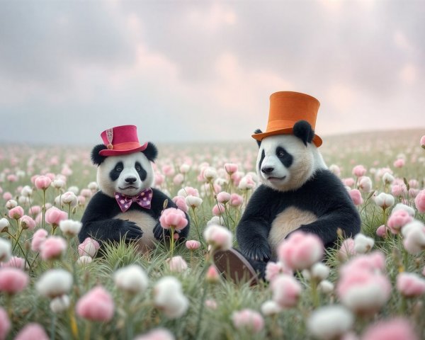 Giant Pandas in Flower Field Under Purple Sky