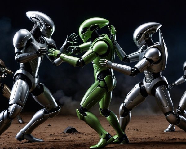 Alien and Robots in Tense Confrontation Scene