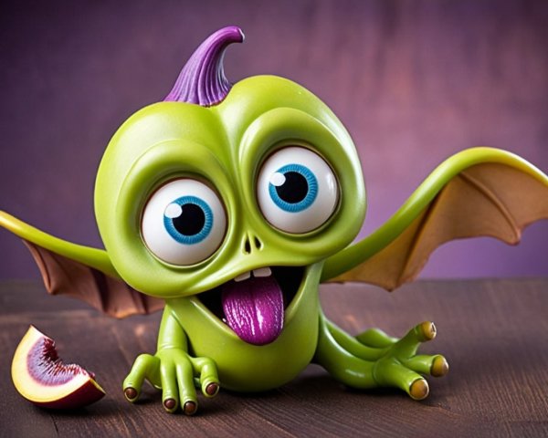 Playful Cartoonish Green Dragon with Purple Fruit