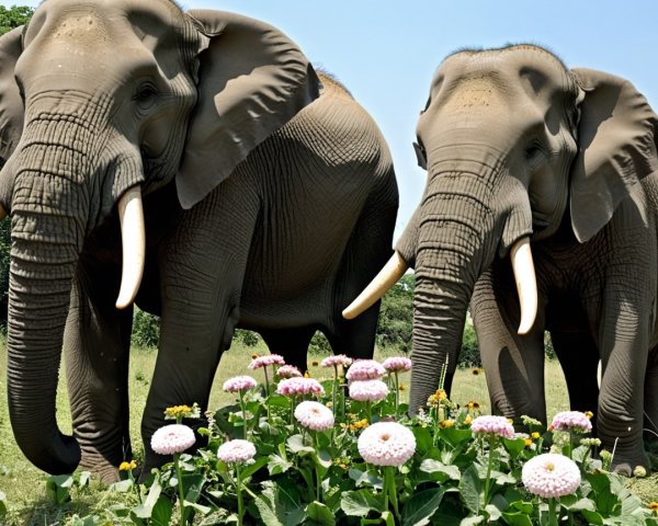 Elephants in a Lush Green Landscape with Flowers
