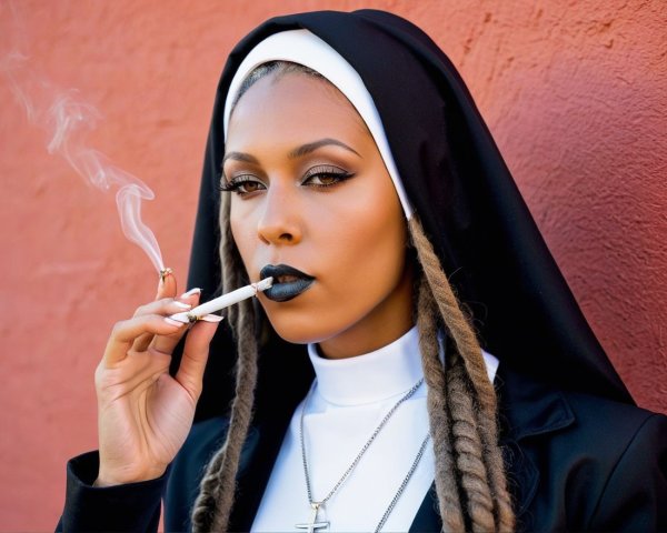 Nun in Black Habit with Bold Makeup and Smoke