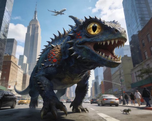 Dark Blue Dragon Creature in City Street Scene