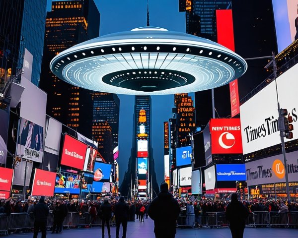 Futuristic Times Square Scene with UFO at Dusk