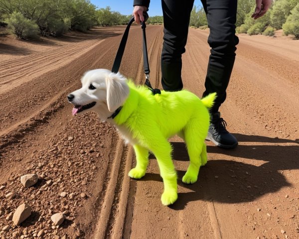 Vibrant Yellow Dog on Dirt Path in Natural Landscape