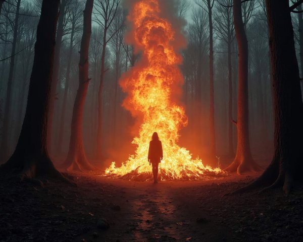 Silhouette of a Person in Front of Towering Flames