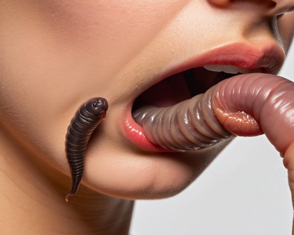 Close-up of a mouth with segmented worms emerging