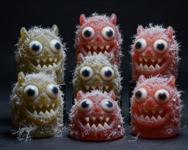 Close-up of Anthropomorphic Monster Candies in Rows