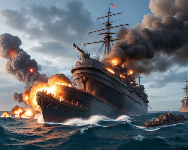 Battleship on Fire Amid Stormy Ocean and Explosions