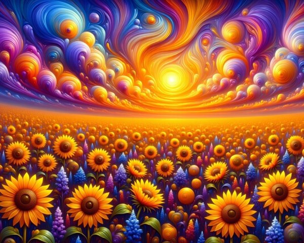 Vibrant Sunflower Landscape Under Colorful Sunset