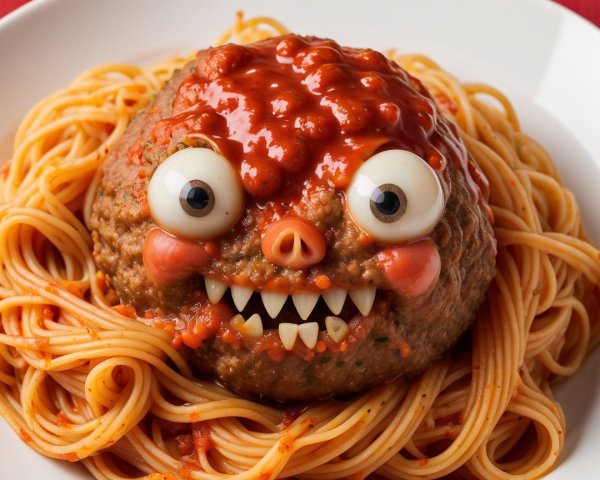 Quirky Meatball Dish with Cartoonish Features and Spaghetti