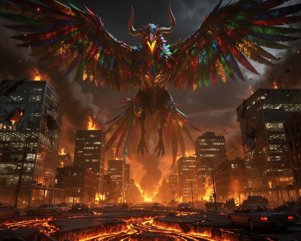 Multicolored Bird Creature Over City in Flames and Lava