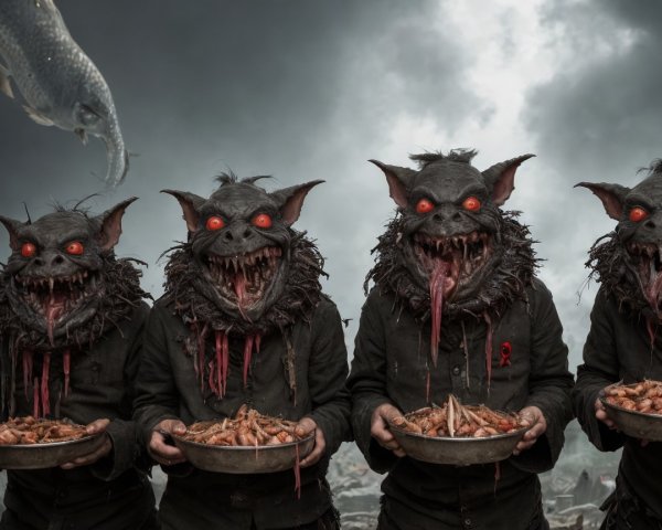 Goblins with Bowls of Seafood Under Stormy Sky