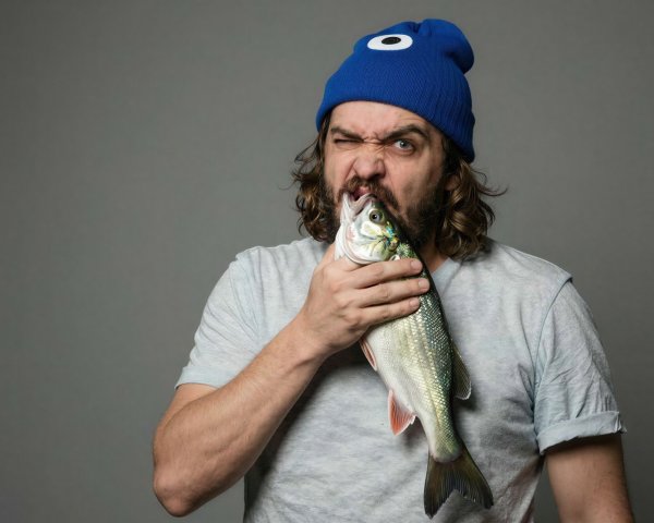 Man with Beard Holding Fish Against Gray Background