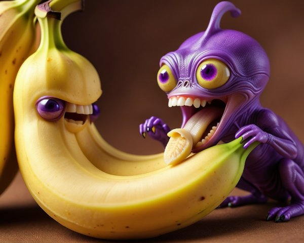 Whimsical Scene of Purple Creature and Joyful Banana