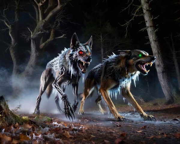 Menacing ice wolves in a dark misty forest at night