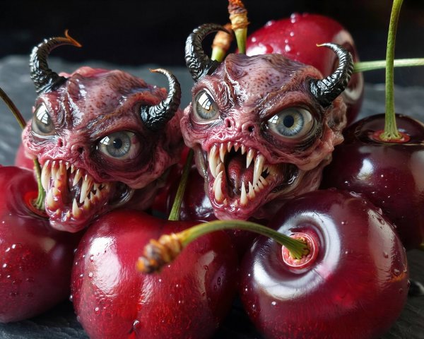 Close-up of hyperrealistic demonic creatures with cherries