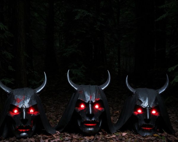 Black Demon Masks in Dark Forest Setting