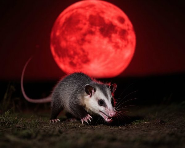 Possum with White Face and Gray Body Under Red Moon