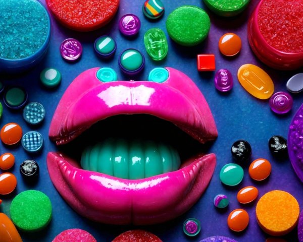 Close-up of Glossy Pink Lips with Colorful Candies